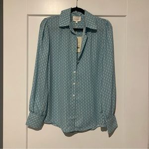 Bohme Teal Printed collared Long Sleeve Blouse